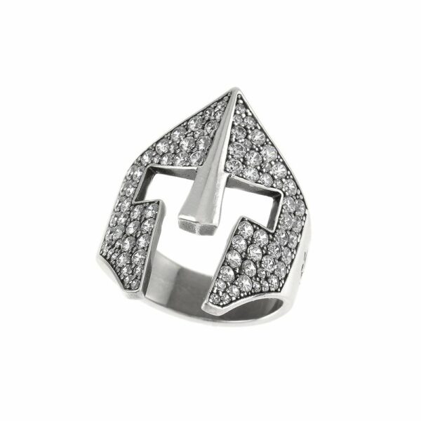 Female Gladiator Helmet Ring in Aged Silver with Zirconia white