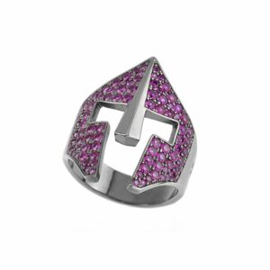 Anello Elmo Gladiatrice Pietre Ruby Rodio Nero