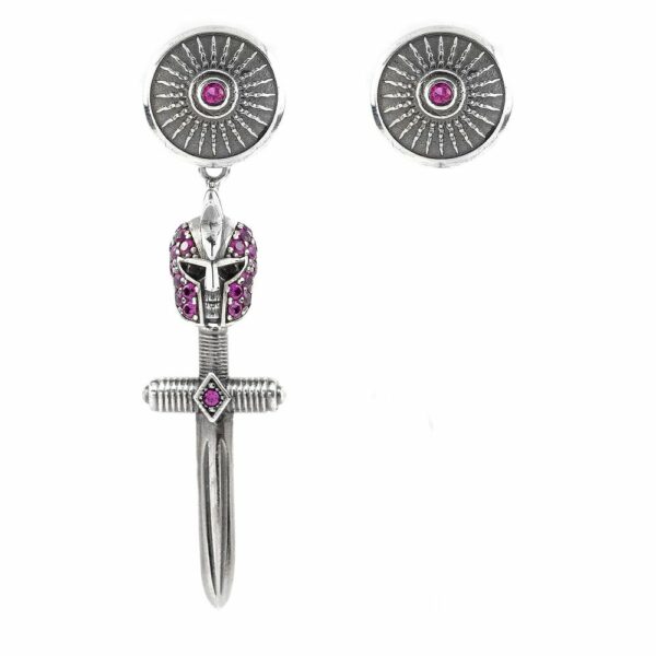Orecchini Asimmetrici Pietre Ruby Argento Invecchiato