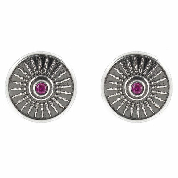 Shield Earrings Aged Silver Ruby Stones