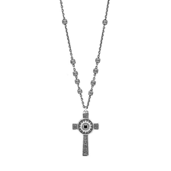 Collana Rosario Natività Croce Volto pietre nera Uomo gioiello argento Ellius