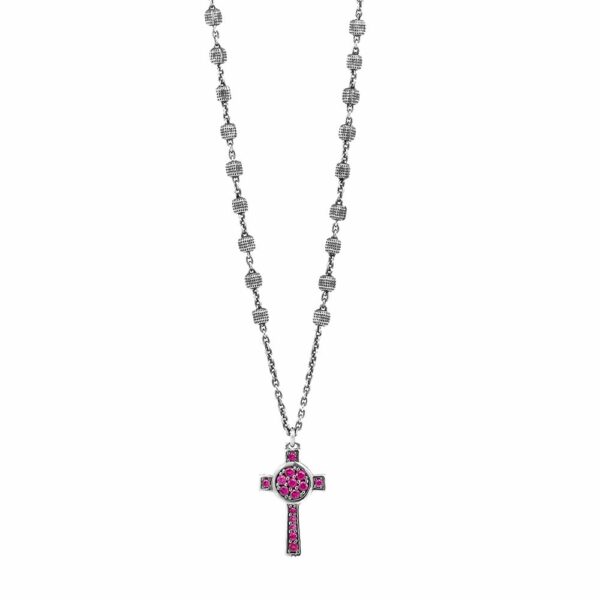 Collana Rosario Natività Croce pietre fucsia gioiello argento Ellius