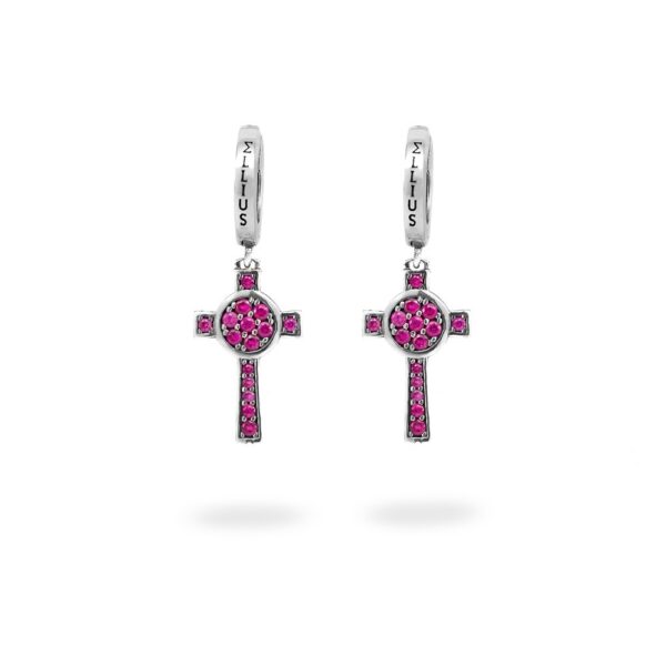 Orecchini Cerchio Croce Natività pietre fucsia gioielli argento Ellius