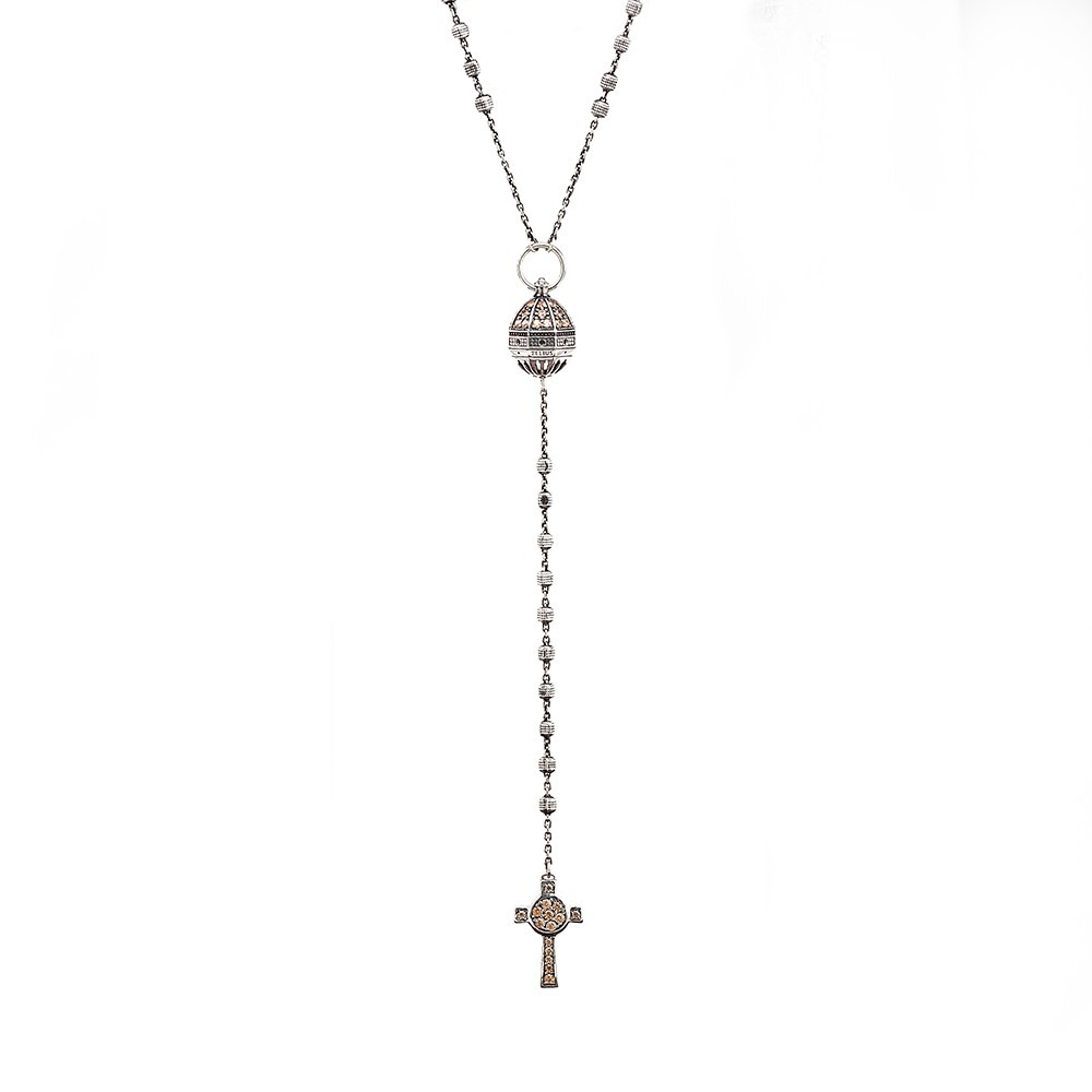Collana Rosario Duomo di Firenze e Croce Natività pietre champagne argento ellius