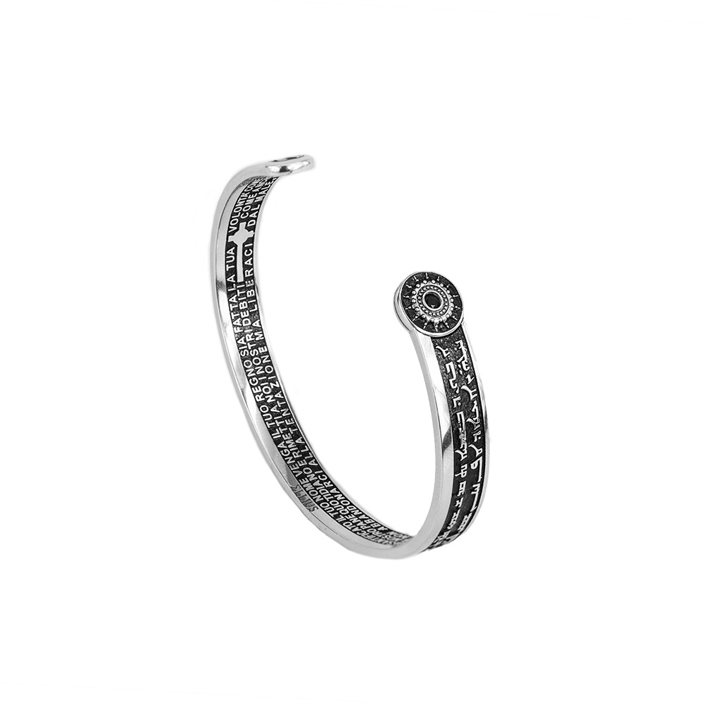 bracciale uomo rigido aperto rodio pietre nere era gioielli argento ellius