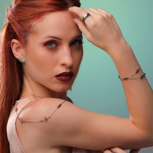 radius earring and radius bracelets green stones worn collection solaris silver jewellery ellius