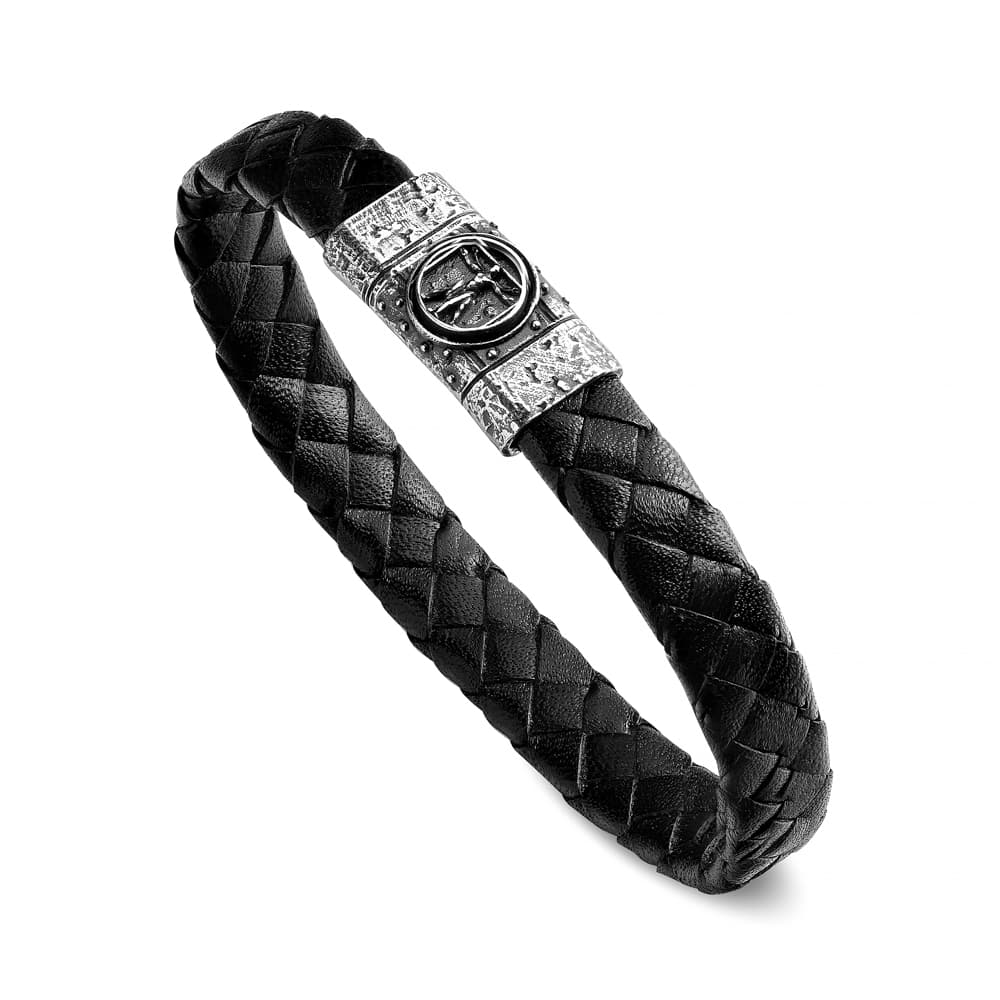 Bracciale Simboli Uomo Simbolo Vitruviano Pelle Nera