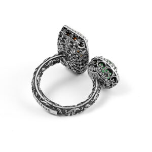 anello estasi doppio pietra rettangolare e tonda fume e verde argento ellius retro