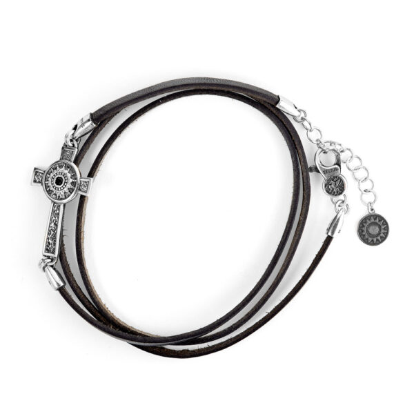 bracciale croce stella nativita pelle nera tre giri uomo argento ellius