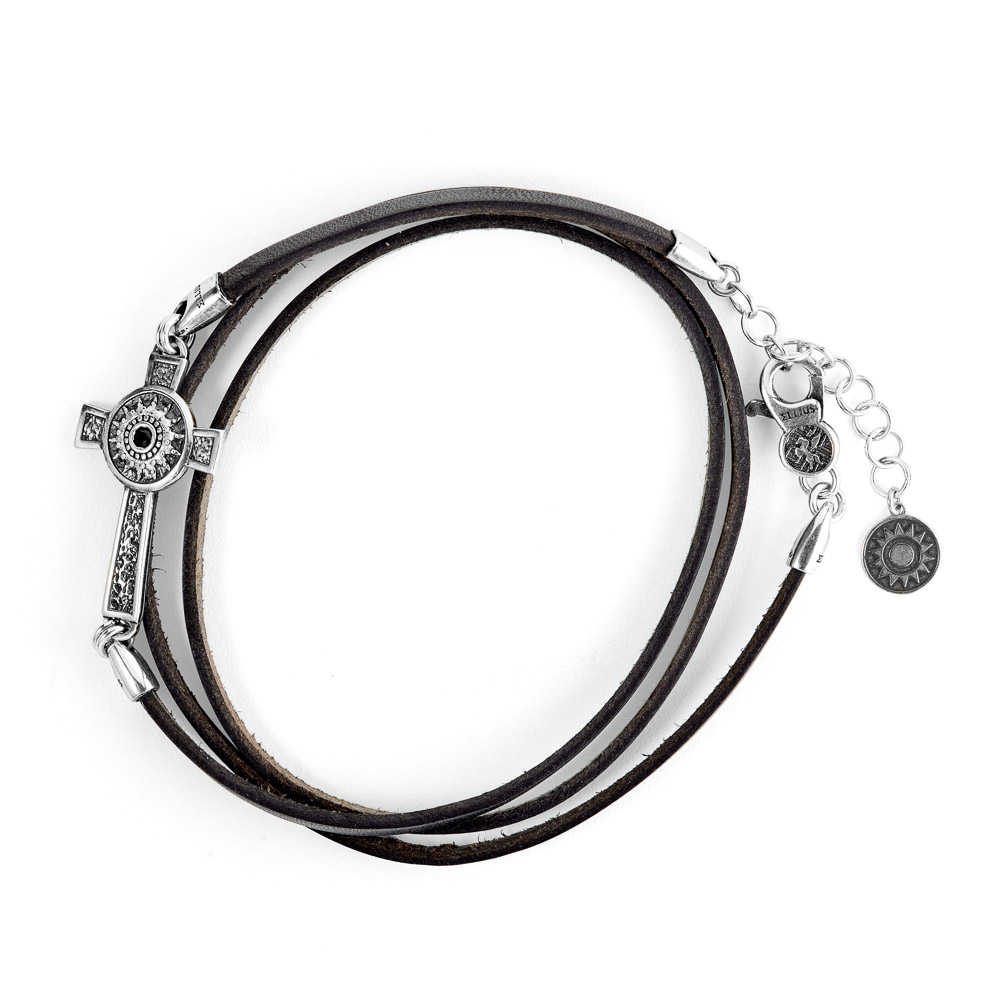 bracciale croce stella nativita pelle nera tre giri uomo argento ellius