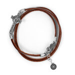 bracciale croce volto nativita pelle marrone tre giri uomo argento ellius