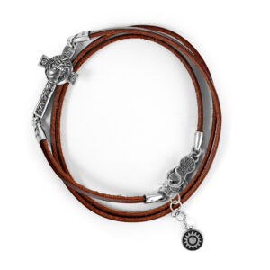 bracciale croce volto nativita pelle marrone tre giri uomo argento ellius