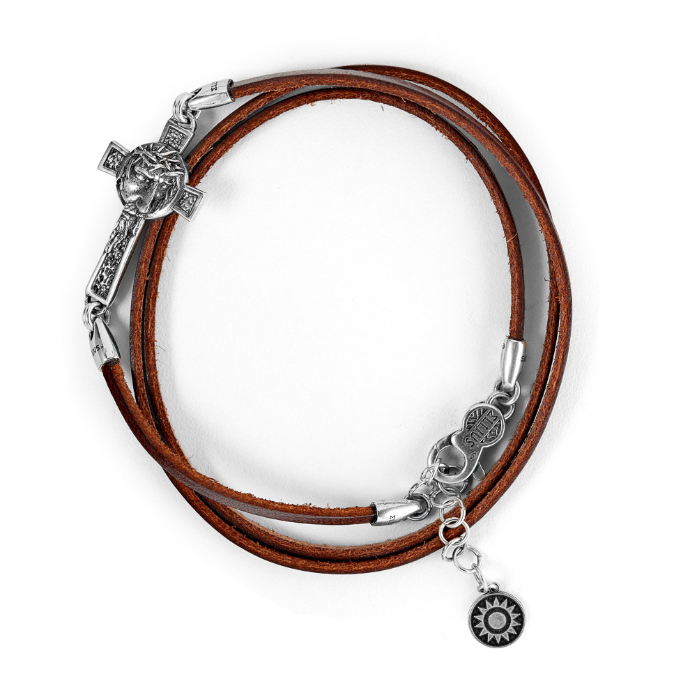 bracciale croce volto nativita pelle marrone tre giri uomo argento ellius