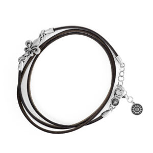 bracciale giglio pelle nera tre giri uomo argento ellius