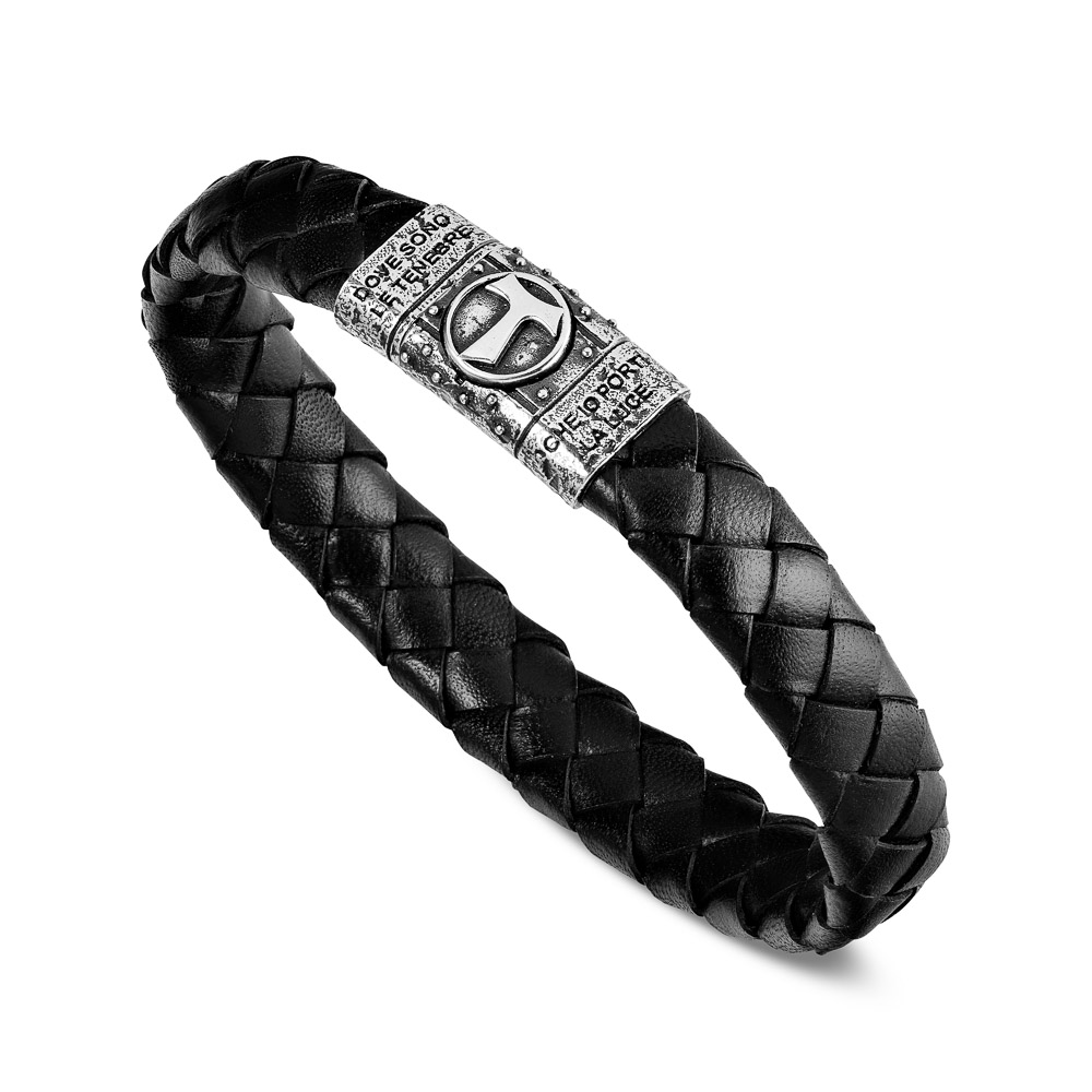 Bracciale Tau pelle nera uomo argento