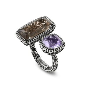 Anello Estasi doppia pietra rettangolare e quadrata donna argento ellius fronte