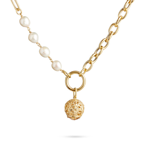collana maglie larghe cestino barocco e perle dorato argento ellius donna particolare