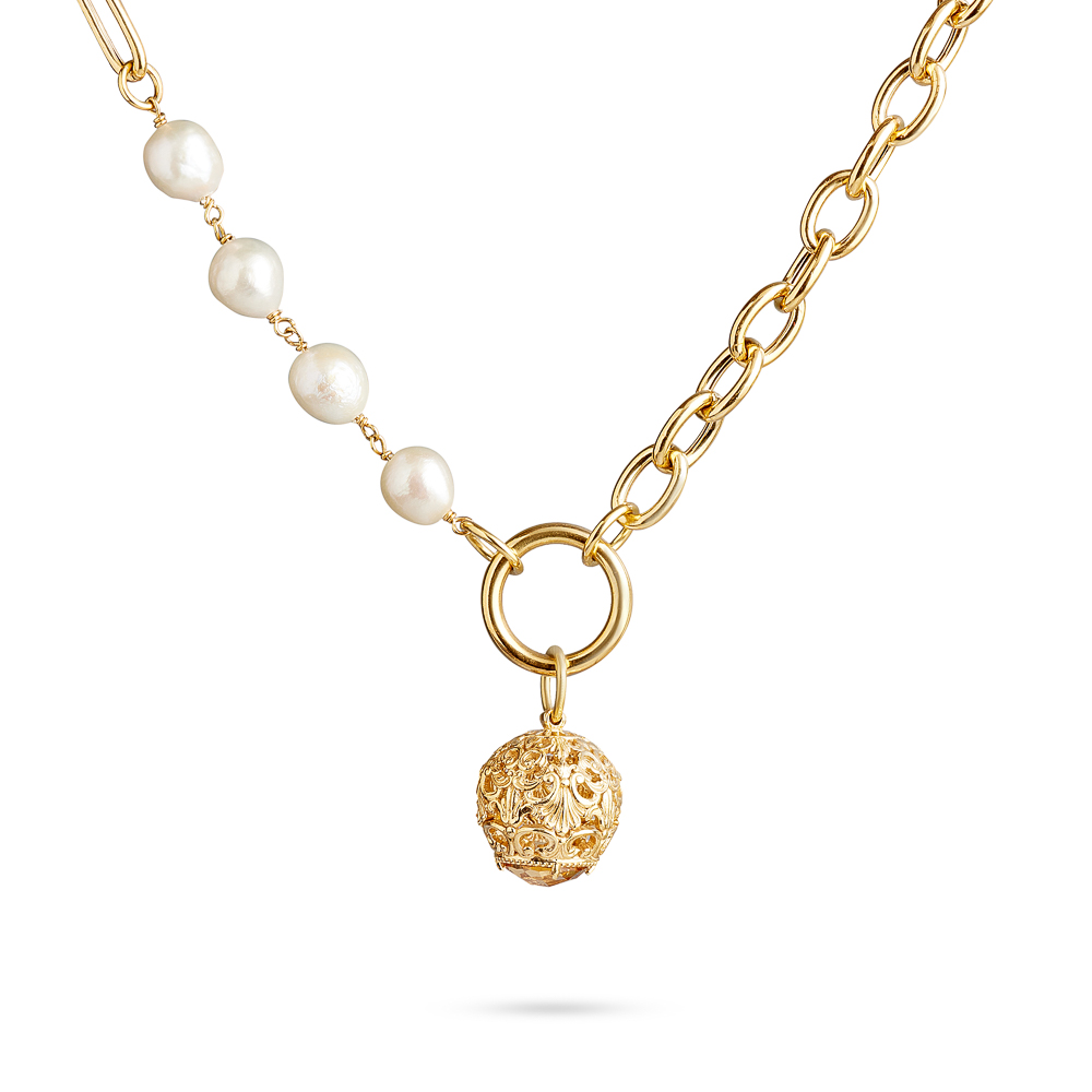 collana maglie larghe cestino barocco e perle dorato argento ellius donna particolare